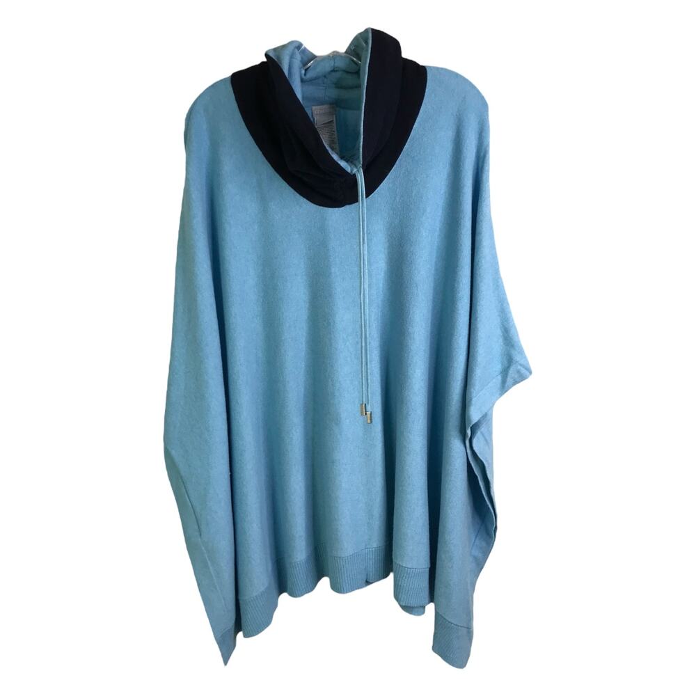 Chico's Sweater Poncho Womens XL/L Blue Collared Mock Neck Pullover Sleeve Holes